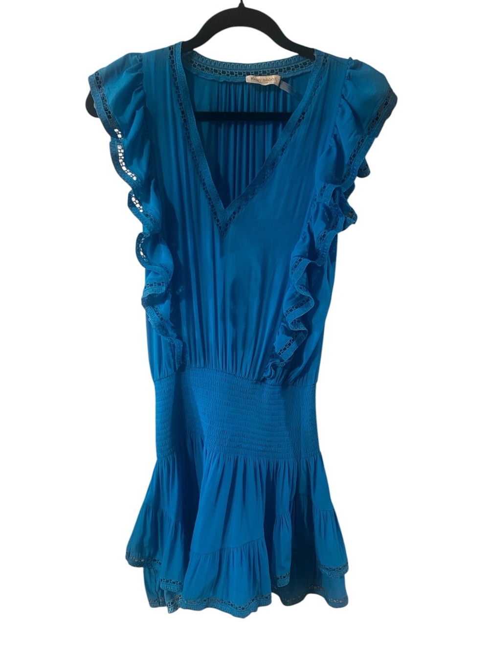 Ramy Brook Kiara Smocked Tiered Ruffle V-Neck Mini Dress Blue Size Small
